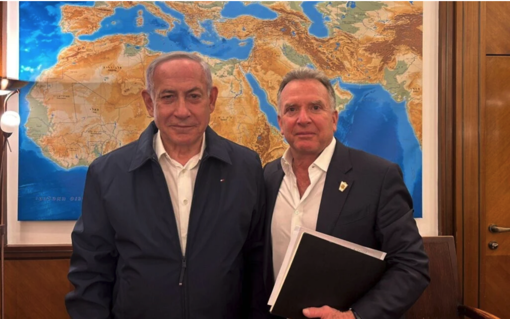 Benjamin Netanyahu (left) meets US President-elect Donald Trump's Mideast envoy Steve Witkoff at his office in Jerusalem, January 11, 2025. (Prime Minister's Office Spokesperson)